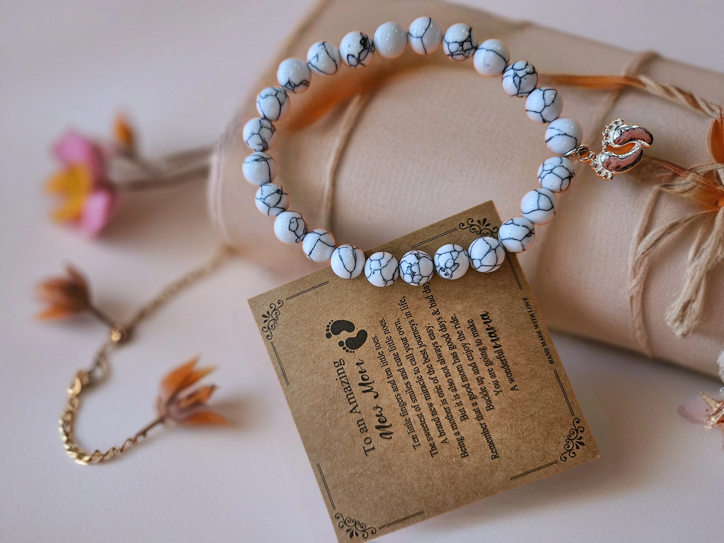 Baby Footprint Beaded Bracelet - White